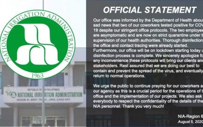 <p><strong>LOCKDOWN.</strong> The regional office of the National Irrigation Administration in Iloilo City is on lockdown on Wednesday (Aug. 5, 2020) after two of its employees tested positive for Covid-19. Their operations will resume once the disinfection of their workplace is completed. <em>(PNA photo courtesy of NIA 6)</em></p>