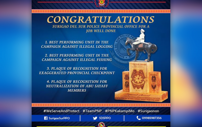 <p><strong>RECOGNITION.</strong> The achievements of the Surigao del Sur Police Provincial Office (SDSPPO) on its intensified drives against illegal logging and illegal fishing in the area were recognized during the commemoration of the 199th Police Service Anniversary held in Butuan City on Thursday (Aug. 6, 2020).  The campaign against illegal logging and fishing in the province was made possible through the efforts of the local police and residents. <em>(Courtesy of the SDSPPO Facebook page)</em></p>