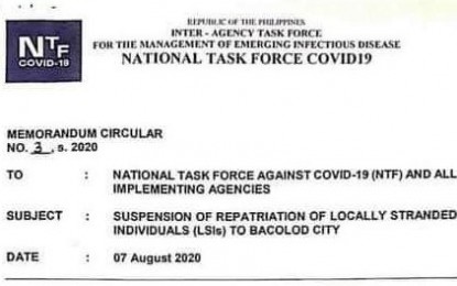 <p><strong>TRAVEL SUSPENSION.</strong> A copy of Memorandum Circular No. 3, series of 2020, issued by Defense Secretary Delfin Lorenzana, chair of the National Task Force Against Covid-19, suspending the return of locally-stranded individuals and returning overseas Filipinos to Bacolod City and Negros Occidental as well as Iloilo City for 14 days effective Saturday, (Aug. 8, 2020). (Photo courtesy of Negros Occidental provincial government)</p>