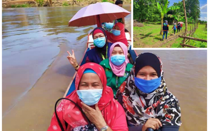 <p><strong>REACHING OUT.</strong> Health workers in the Bangsamoro Region in Muslim Mindanao board a watercraft or walk for hours (inset) to reach more children during the implementation of Sabayang Patak Kontra Polio 2020 in Maguindanao. The region’s health ministry recorded a 97.5 percent accomplishment on its anti-polio drive from July 25 to Aug. 9, 2020. <em>(Photos courtesy of MOH-BARMM)</em></p>
