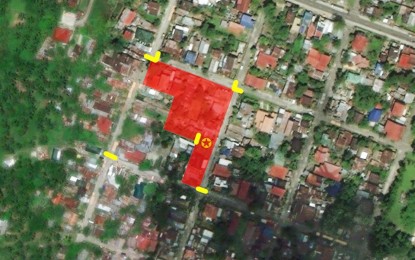 <p><strong>LOCKDOWN</strong>. The highlighted portion in this satellite photo shows the area in Barangay Holy Child 2 in Alangalang, Leyte, placed under lockdown on Wednesday (Aug. 12, 2020) to prevent the spread of coronavirus disease. The local government said the directive will last for two to three days while waiting for the swab results of individuals who had exposure to its patient, a three-year-old daughter of the 38-year-old policeman who earlier tested positive for the virus. <em>(Photo courtesy of Alangalang government)</em></p>