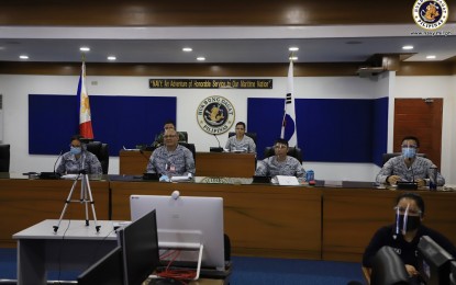 <p><strong>NAVY TO NAVY TALKS.</strong> Philippine Navy officials meet with their South Korean counterparts in the first "Navy to Navy Talks" (NTNT) held virtually at the PN headquarters in Manila on Wednesday (Aug. 12, 2020). The first-ever NTNT between the two navies was held under the Terms of Reference, which they signed in 2019. <em>(Photo courtesy of the Naval Public Affairs Office)</em></p>