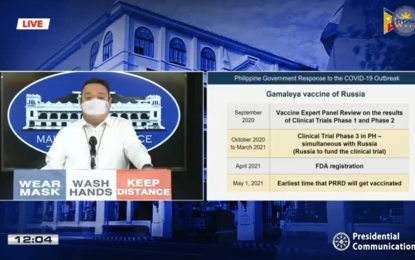 <p><strong>CLINICAL TRIALS.</strong> Presidential Spokesperson Harry Roque announces schedule of Phase 3 clinical trials of Russia’s coronavirus disease 2019 vaccine during a virtual presser on Thursday (Aug. 13, 2020). Roque said Phase 3 clinical trials of the vaccine in the Philippines will be held from October 2020 to March 2021.<em> (Screenshot)</em></p>