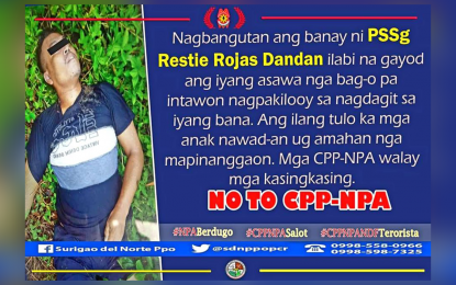 <p><strong>JUSTICE.</strong> The Surigao del Norte Police Provincial Office demands justice after the body of PSSgt. Restie R. Dandan was found Tuesday morning (Aug. 18, 2020) in Barangay Matin-ao, Mainit, Surigao del Norte. Dandan, a member of Sison Municipal Police Station in Surigao del Norte, was abducted by armed men believed to be members of the New People's Army (NPA) last July 31 in Barangay San Isidro, Sison town. <em>(Courtesy of the SDNPPO Facebook Page)</em></p>
