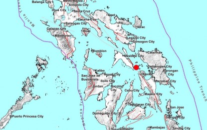 <p><strong>DAMAGE CHECK.</strong> A map showing the epicenter of the magnitude 6.6 earthquake in Masbate. The Office of Civil Defense was still waiting for reports on damage from provinces in Eastern Visayas after the tremor also shook several areas in the region on Tuesday (Aug. 18, 2020). <em>(Phivolcs image)</em></p>