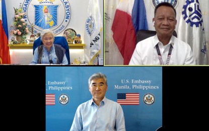 <p>DepEd Secretary Leonor Briones, TESDA Director-General Isidro Lapeña, and US Ambassador Sung Kim join more than 500 participants from across the Philippines for the launch of USAID's Opportunity 2.0 project on Wednesday (Aug. 19, 2020). The PHP1.9-billion project will support at least 180,000 out-of-school youth in the Philippines. (<em>Screenshot by US Embassy in Manila</em>) </p>