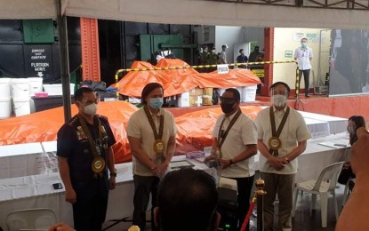 <p><strong>DESTROYED.</strong> Key government officials lead the destruction of confiscated illegal drugs worth PHP13 billion in Trece Martires City, Cavite on Friday (Aug. 21, 2020). (From left to right): PNP chief, Gen. Archie Gamboa; SC Administrator Jose Midas Marquez; PDEA Director General Wilkins Villanueva and Dangerous Drugs Board chairman Catalino Cuy.<em> (Photo courtesy of PDEA)</em></p>