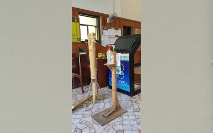 <div>Photo shows prototypes of bamboo and abaca-made hands-free disinfectant dispenser connected to a foot bath. Forest Products Research and Development Institute chief Romulo Aggangan says these prototypes will still be improved. (<em>Photo courtesy of Romulo Aggangan</em>) </div>
<div> </div>