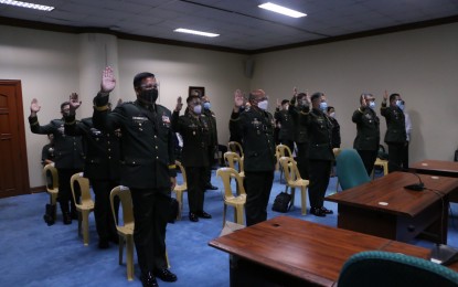 <p><strong>PROMOTED.</strong> Fifteen generals and senior officers of the Armed Forces of the Philippines face the Commission on Appointments at the Senate on Monday (Aug. 24, 2020). The CA previously approved the confirmation of the ad interim appointments of 22 generals, flag officers, and senior officers of the AFP during its plenary session held on March 11. <em>(Photo courtesy of AFP Public Affairs Office)</em></p>