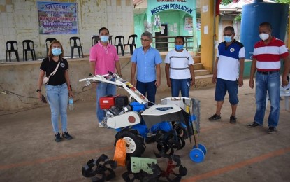 <p><strong>NEW EQUIPMENT.</strong> Adela Farmers Association of Camotes Island has received a PHP384,000 worth of two multi-cultivator tillers from the Department of Agriculture on Thursday (Aug. 27, 2020). Through these machines, the farmers will no longer use the manual method of farming or using carabaos to cultivate the land. <em>(Photo courtesy of DA-7)</em></p>