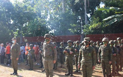 <p><strong>COMMUNITY SUPPORT.</strong> Troops of the Army's 55th Infantry Battalion stand in formation during the send-off ceremony of the Community Support Teams (CSTs) Wednesday (Sept. 2, 2020) in Madalum, Lanao del Sur. The deployment of the CST teams aims to address problems on terrorism in the municipality. <em>(Photo courtesy of 55IB)</em></p>