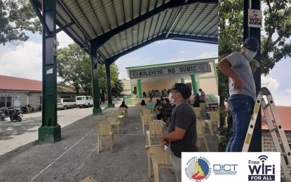 <p><strong>FREE WIFI</strong>. Installation of a free Wi-Fi access point at the Kolehiyo ng Subic in Zambales. The Department of Information and Communications Technology said a total of 12 free Wi-Fi sites have been installed in Zambales province, all located in schools and medical facilities. <em>(Photo courtesy of DICT)</em></p>