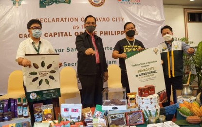 <p><strong>CACAO CAPITAL.</strong> Agriculture Secretary William Dar (second from left) leads the declaration of Davao City as the cacao capital of the Philippines on Monday (Sept. 7, 2020). The city has been a consistent major producer of cacao beans in the entire Davao region, producing a total of 2,289.74 metric tons from 2015 to 2019. <em>(Photo courtesy of Agri Info Davao)</em></p>