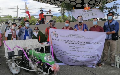 <p><strong>AGRICULTURAL MACHINERY.</strong> Agriculture Secretary William Dar (3rd from right) leads the turn-over of agricultural machinery worth PHP53.8 million to rice farmers on Wednesday (Sept. 9, 2020) in Tagum City, Davao del Norte. The machinery includes floating tillers, hand tractors, transplanter, and precision seeders. <em>(Photo courtesy of DA-11)</em></p>