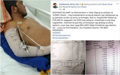<p><strong>ZERO BALANCE BILLING</strong>. Left photo shows Ryan Cabigas, 25, who was hospitalized for injuries due to a road mishap in Lapu-Lapu City on Aug. 21, 2020. Right photo shows the post of Cabigas' stepmother, Cydtheresa Alivio Vito, on Monday (Sept. 14, 2020) thanking President Rodrigo Duterte for the zero balance billing on the surgery for his right elbow and toe at the Vicente Sotto Memorial Medical Center, a government-run hospital in Cebu City.<em> (Photo courtesy of Cydtheresa Alivio Vito)</em></p>