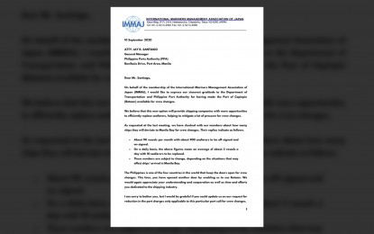 <p><strong>LETTER OF GRATITUDE. </strong>A letter sent by the International Mariners Management Association of Japan (IMMAJ) to the Philippine Ports Authority (PPA) to thank and inform the agency of how many of its members will divert to the Philippines for crew changes. The IMMAJ said about three vessels and 10 seafarers per day will be diverted to the country's three crew change hubs. (<em>Document courtesy of DOTr</em>) </p>