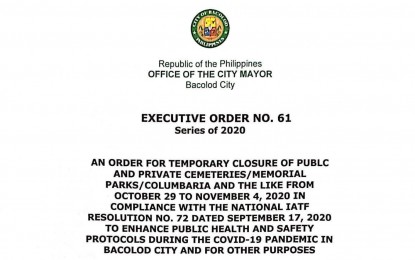 <p><strong>PROTOCOLS IN CEMETERIES</strong>. A copy of Executive Order 61 issued by Mayor Evelio Leonardia on Saturday (Sept. 19, 2020) for the closure of cemeteries, memorial parks,  and columbariums in Bacolod City from Oct. 29 to Nov. 4 amid the continuing threat of coronavirus disease 2019 (Covid-19). Leonardia issued the directive in compliance with Resolution 72  dated Sept. 17 of the Inter-Agency Task Force for the Management of Emerging Infectious Diseases.<em> (Photo courtesy of Bacolod City PIO)</em></p>