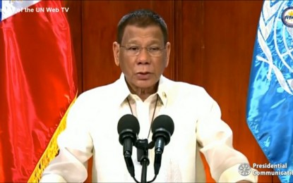 <p><strong>ARBITRAL RULING.</strong> President Rodrigo Duterte delivers his pre-recorded speech from Malacañang Palace during the 75th Session of the General Assembly in New York early Wednesday (Sept. 23, 2020). Duterte affirmed the UN-backed Arbitral ruling in favor of the Philippines’ arbitration case against China’s nine-dash line that covers nearly the entire South China Sea before the UN member states.<em> (Screenshot)</em></p>