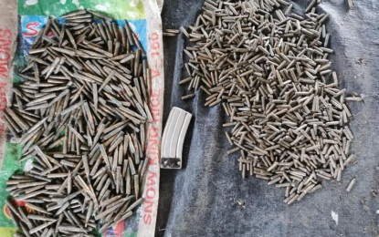 <p><strong>CACHE OF AMMOS.</strong> Government troops under the Army's 23rd Infantry Battalion recover Wednesday afternoon (Sept. 23, 2020) more than 1,500 rounds of ammunition for high-power firearms believed owned by the communist New People’s Army (NPA) in a forested area of Sitio Palo, Barangay Nong-nong, Butuan City. The military in the area has called on the remaining rebels to surrender. <em>(Photo courtesy of 23IB)</em></p>