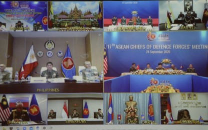 <p><strong>ANTI-TERRORISM COOPERATION.</strong> AFP Chief-of-Staff Lt. Gen. Gilbert Gapay (center left frame) participates in the 17th 17th Asean Chiefs of Defense Forces Meeting (ACDFM) held through a virtual conference on Thursday (Sept. 24, 2020). Gapay called for "continuous unity and mutual trust" among his Southeast Asian military counterparts and stressed the Philippines' commitment to counter-terrorism cooperation among Asean militaries. <em>(Photo courtesy of the AFP Public Affairs Office)</em></p>