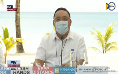 <p><strong>ANTIGEN TEST.</strong> Presidential Spokesperson Harry Roque holds a press briefing on Boracay Island on Monday (Oct. 5, 2020). Roque said rapid antigen tests will be used in Boracay and other areas if the pilot use in Baguio City is successful. <em>(Screenshot)</em></p>