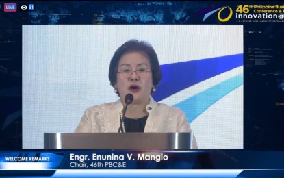 <p><strong>PBC RESOLUTIONS.</strong> Philippine Business Conference (PBC) chairperson Enunina Mangio presents the resolutions of the Philippine Chamber of Commerce and Industry's (PCCI) 46th PBC on Thursday (Oct. 8, 2020). The PCCI submitted the annual resolutions to President Rodrigo Duterte. <em>(Screengrab from Facebook live of PCCI)</em></p>