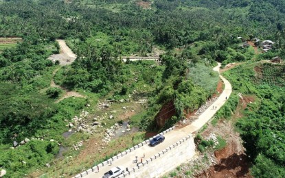 <p><strong>NEW ACCESS ROAD</strong>. The aerial view of the PHP92-million access road project leading to Germohenes Falls in Pinangomhan village in Biliran, Biliran. The Department of Public Works and Highways announced on Friday (Oct. 9, 2020) the completion of the road that would cut travel time to the tourist destination from a four- to five-hour hike to a five- to 10-minute vehicle ride and 30 minutes walk. <em>(Photo courtesy of DPWH)</em></p>