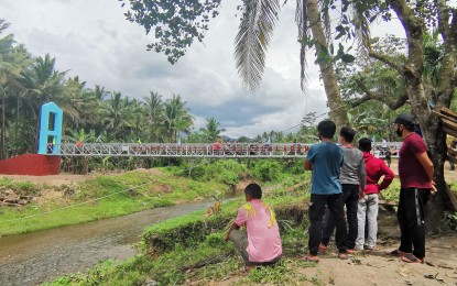 <p><strong>REBUILDING COMMUNITIES.</strong> Residents of a remote village in Pansur, Salvador town, in Lanao del Norte, most of them farmers, watch as officials of the Armed Forces of the Philippines, the local government unit and representatives of a private foundation inaugurate on Friday (Oct. 9, 2020) the newly-finished 40-meter cable suspended steel hanging bridge. <em>(PNA photo by Divina M. Suson)</em></p>