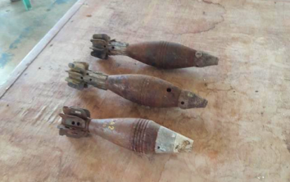 <p><strong>DISARMED.</strong> The three 60mm mortar projectiles found by villagers in Barangay Pisan, Kabacan, North Cotabato on Saturday (Oct. 10, 2020). The Army has lauded the villagers for reporting their discovery to authorities and preventing the ordnances' land in the hands of lawless groups. <em>(Photo courtesy of 6ID)</em></p>