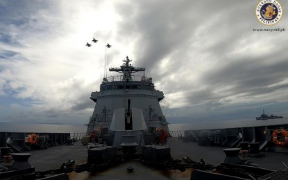 <p><strong>BOOSTING DEFENSE.</strong> Three FA-50PH aircraft fly over the Philippines' missile-frigate BRP Jose Rizal during its show the flag mission off the waters of northern Luzon on Sept. 22, 2020. AFP chief-of-staff, Gen. Gilbert Gapay said the government's strong support to the ongoing AFP Modernization Program will greatly help the country in defending its sovereignty and defeat terrorist groups. <em>(Photo courtesy of the Naval Public Affairs Office)</em></p>
