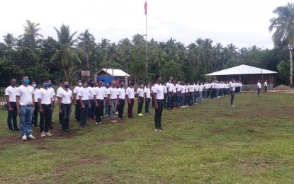 <p><strong>MILITIAMEN</strong>. A total of 120 new militiamen in Borongan City, Eastern Samar started on Monday (Oct. 12, 2020) their 45-day basic military training at the headquarters of the Philippine Army’s 78th Infantry Battalion in Lalawigan village. Mayor Jose Ivan Dayan Agda said the city government will provide each of them PHP6,500 monthly allowance during their deployment in the villages of Amantacop, San Mateo, and Canyupay. <em>(Photo courtesy of Borongan City government)</em></p>
<p> </p>