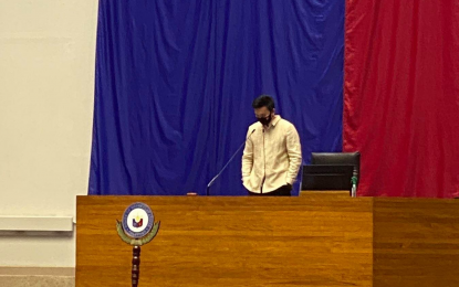 <p><strong>NEW SPEAKER</strong>. Newly installed Speaker Lord Allan Velasco resumes session at the Session Hall of the House of Representatives on Tuesday (Oct. 13, 2020). The mace, which was displayed in the session at the Celebrity Sports Plaza on Monday, stands at the foot of the rostrum in the hall. <em>(Photo Courtesy of Rep. Ruffy Biazon)</em></p>