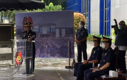 <p><strong>SEND-OFF FOR REASSIGNED COPS.</strong> PNP chief, Gen. Camilo Cascolan, leads the send-off ceremony for the 2,222 police officers who availed of the PNP's localization program in Camp Crame, Quezon City on Wednesday (Oct. 14, 2020). Cascolan urged reassigned police officers to perform their jobs better and take care of their families. <em>(Photo courtesy of PNP)</em></p>