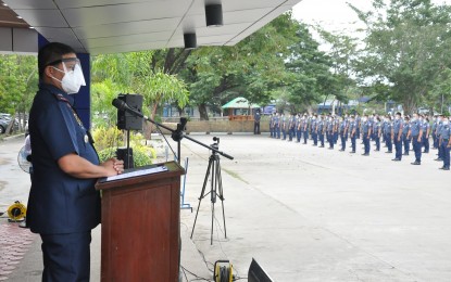 <p><strong>SEND-OFF</strong>. Brig. Gen. Valeriano de Leon, director of the Police Regional Office 3 (PRO-3), delivers his message during the send-off ceremony on Wednesday (Oct.14, 2020) held at Camp Olivas, Pampanga for 345 police personnel in Central Luzon who were reassigned to their respective hometowns and places of permanent residence. The move is under the new localization program of the Philippine National Police. <em>(Photo by PRO-3)</em></p>
