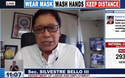 <p>Labor Secretary Silvestre Bello III. <em>(Screengrab from Laging Handa briefing)</em></p>