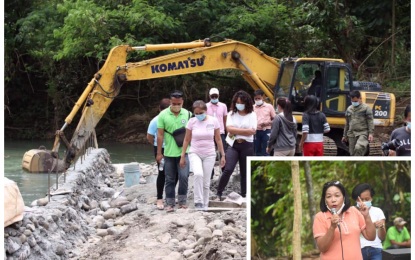 <p><strong>EARLY BRIDGE INSPECTION.</strong> North Cotabato Governor Nancy Catamco (center) inspects the early-stage construction of the PHP40-million overflow bridge in the village of Guangan, Makilala town that she inaugurated Sunday (Oct. 18, 2020). Edith Caduaya (inset), a Davao City-based journalist who was born and raised in Barangay Guangan helped facilitate fund sourcing for the project. <em>(Photo courtesy of Makilala LGU)</em></p>