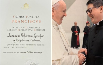 <p><strong>PAPAL CHAPLAIN</strong>. Left photo shows the Vatican document naming Cebuano priest, Rev. Msgr. Jan Thomas Limchua (right photo, in black), a Papal Chaplain. As such, the 36-year-old cleric from Cebu City, Philippines is now a member of the Pontifical Family.<em> (Photo courtesy of the Archdiocese of Cebu)</em></p>