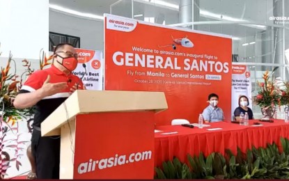 <p><strong>EXPANSION.</strong> Ricardo Isla, Philippines AirAsia Inc. chief executive officer, formally declares the airline’s arrival in General Santos City after making its inaugural flight from Manila to the city on Wednesday morning (Oct. 28, 2020). AirAsia will have two return flights every week from Manila to the city scheduled every Wednesday and Friday. <em>(Screengrab of the inaugural ceremony)</em></p>