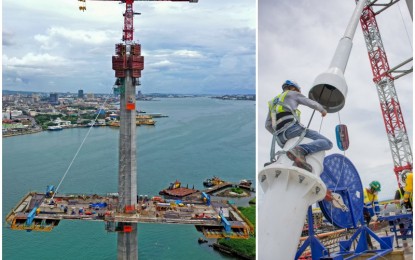 <p><strong>CEBU'S FIRST TOLL BRIDGE</strong>. Left photo shows one of the pylons of the Cebu-Cordova Link Expressway, the third bridge connecting Cebu City to Mactan Island in the municipality of Cordova. Right photo shows construction workers installing the stay cables anchoring the pylon and the deck of the PHP30-billion toll bridge project managed by the Cebu Cordova Link Expressway Corporation, a subsidiary company of Metro Pacific Tollways Corporation (MPTC). <em>(Photo courtesy of CCLEC)</em></p>
<p> </p>