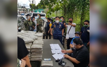 <p><strong>DRUG BUST.</strong> An Angeles City Police personnel records the PHP19 million worth of marijuana seized in a buy-bust operation along Don Juico Avenue, Barangay Malabanias, Angeles City, Pampanga on Thursday (Oct. 29, 2020). Col. Joyce Patrick Sangalang, director of the Angeles City Police, said the operation also resulted in the arrest of Cris Ramos and Baby Girl Miguel, both from Cavite<em>. (Photo by Angeles City Police Station)</em></p>