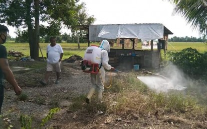 <p><strong>DISINFECTION.</strong> Personnel of the municipal agriculture office of Sto. Tomas, Davao del Norte conduct disinfection at ground zero of the African swine fever in Barangay Salvacion on Friday (Oct. 30, 2020). Agriculture officials in the region have called on local officials to tighten biosecurity measures.<em> (Photo lifted from the MAGRO Sto. Tomas Facebook Page)</em></p>
