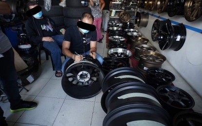 <p><strong>CRACKDOWN VS. FAKE CAR WHEELS.</strong> NBI agents conduct an inventory of fake Black Rhino wheels seized in an operation in various locations in Metro Manila on Oct. 23, 2020. The NBI on Friday (Oct. 30, 2020) said the raids yielded 638 pieces of counterfeit Black Rhino Wheels worth about PHP7 million. <em>(Photo courtesy of NBI)</em></p>