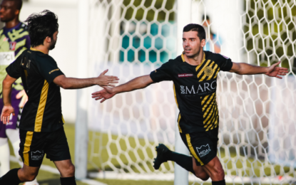 <p><strong>WIN NO. 2.</strong> Spanish striker Bienvenido Marañon celebrates after scoring a hat trick to highlight United City FC’s 6-0 rout of Mendiola FC in the Philippine Football League at the PFF national training center in Carmona, Cavite last Saturday (Oct. 31, 2020). United City snatched its second win.<em> (Courtesy of PFL website)</em></p>