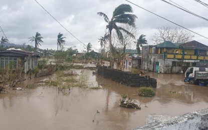 <p><strong>'ROLLY' AFTERMATH</strong>. Floodwater due to heavy rains brought by Super Typhoon Rolly (international name Goni) Sunday inundates several villages in Oas, Albay. The Bicol region is among the hardest-hit by this year's strongest storm. <em>(Photo courtesy of Albay Third District Rep. Fernando Cabredo)</em></p>