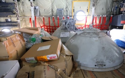 <p><strong>RESTORING COMMS.</strong> Equipment for the restoration of telecommunications services and other relief supplies are loaded in a C-130 aircraft of the Philippine Air Force which flew to Catanduanes on Wednesday (Nov. 4, 2020). On the same day, a PAF C-295 aircraft flew to the province and transported a total of 1,000 sacks of food packs from volunteer non-government organization Go Share.<em> (Photo courtesy of Air Force Public Affairs Office)</em></p>