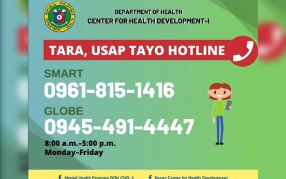 <p><strong>MENTAL HEALTH</strong>. The Department of Health Center for Health and Development in Ilocos Region (DOH-CHD-1) launched its Tara Usap Tayo Hotline on June 22, 2020. It has been addressing mental health issues in the region amid the pandemic. <em>(Photo courtesy of DOH-CHD-1 Facebook page)</em></p>
<p> </p>