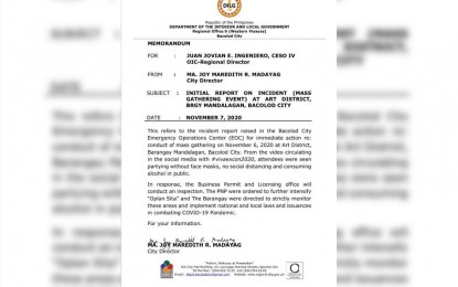 <p><strong>MASS GATHERING</strong>. A copy of the memorandum sent by DILG-Bacolod City director Ma. Joy Maredith Madayag to DILG-Western Visayas OIC-regional director Juan Jovian Ingeniero, asking for immediate action on the mass gathering at the Art District in Barangay Mandalagan last Nov. 6. Lt. Col. Ariel Pico, public information officer of Bacolod City Police Office, said on Tuesday (Nov. 10, 2020) that the incident was put on police record and referred to the concerned agencies and offices<em>. (Image courtesy of Bacolod City DILG)</em></p>