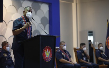 <p><strong>ENHANCED POLICE VISIBILITY.</strong> Newly appointed acting NCRPO chief, Brig. Gen. Vicente Danao Jr., says he would intensify police visibility in the region, during his speech in the change of command ceremony at the NCRPO headquarters in Camp Bagong Diwa, Taguig City on Wednesday (Nov. 11, 2020). Danao replaces Gen. Debold Sinas, who has been appointed as Philippine National Police chief. <em>(PNA photo by Avito Dalan)</em></p>