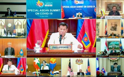 <p><strong>ASEAN SUMMIT.</strong> President Rodrigo Roa Duterte gives his intervention as he joins other leaders from the Association of Southeast Asian Nations (Asean) member countries during the special Asean Summit on Covid-19 video conference at the Malago Clubhouse in Malacañang on April 14, 2020. Duterte will participate again in the 37th Asean Summit and Related Summits on Nov. 12-15 via video conference, according to the Office of the President. <em><strong>(RTVM)</strong></em></p>
