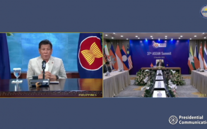 <p><strong>37th ASEAN SUMMIT</strong>. President Rodrigo Duterte delivers his speech during the virtual plenary session of the 37th Asean Summit on Thursday (Nov. 12, 2020). Duterte emphasized the need to fast-track a Code of Conduct in the South China Sea to promote peace and stability in the busy waterway. <em>(Screenshot)</em></p>